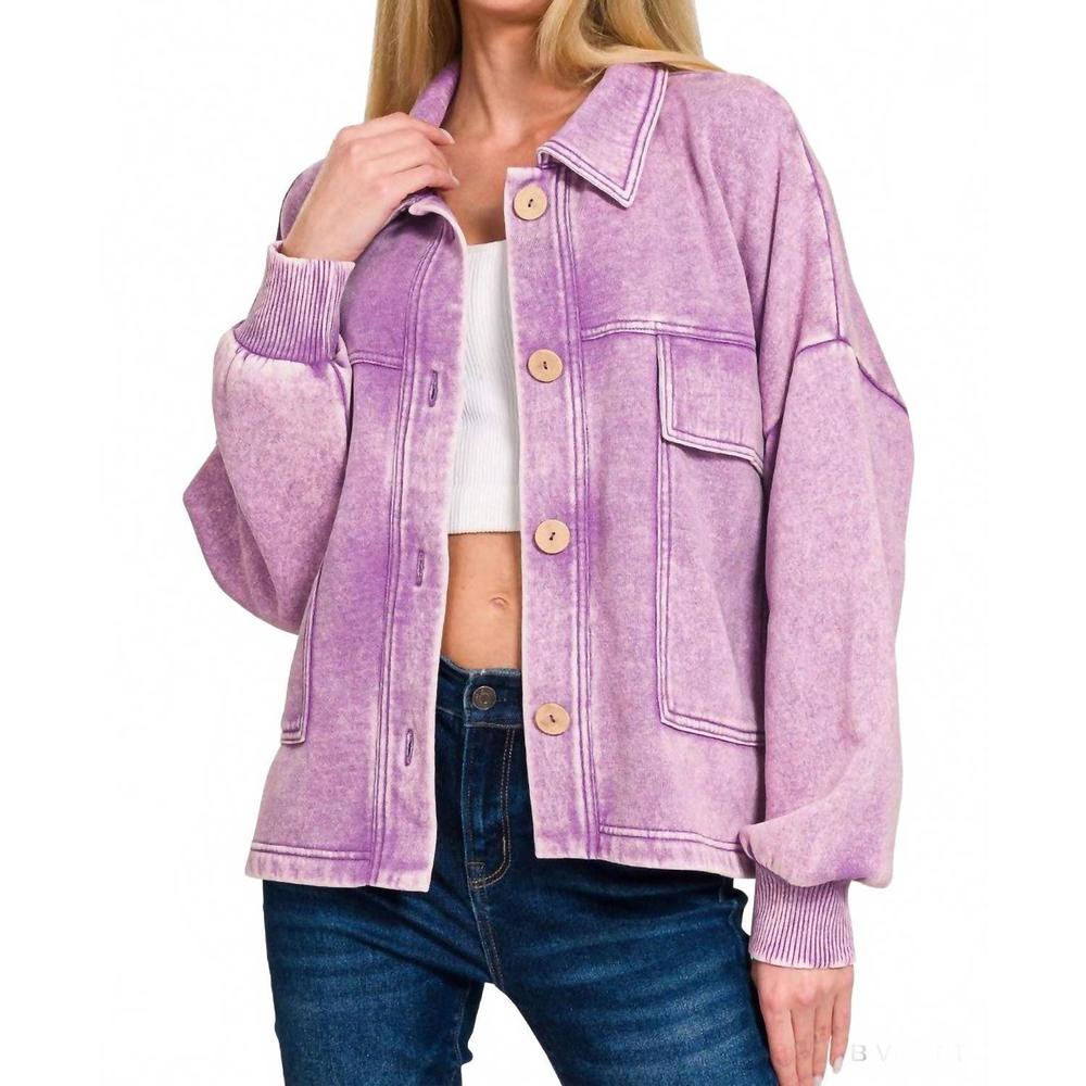 NEW ZENANA acid wash fleece cropped shacket with front pockets in b violet